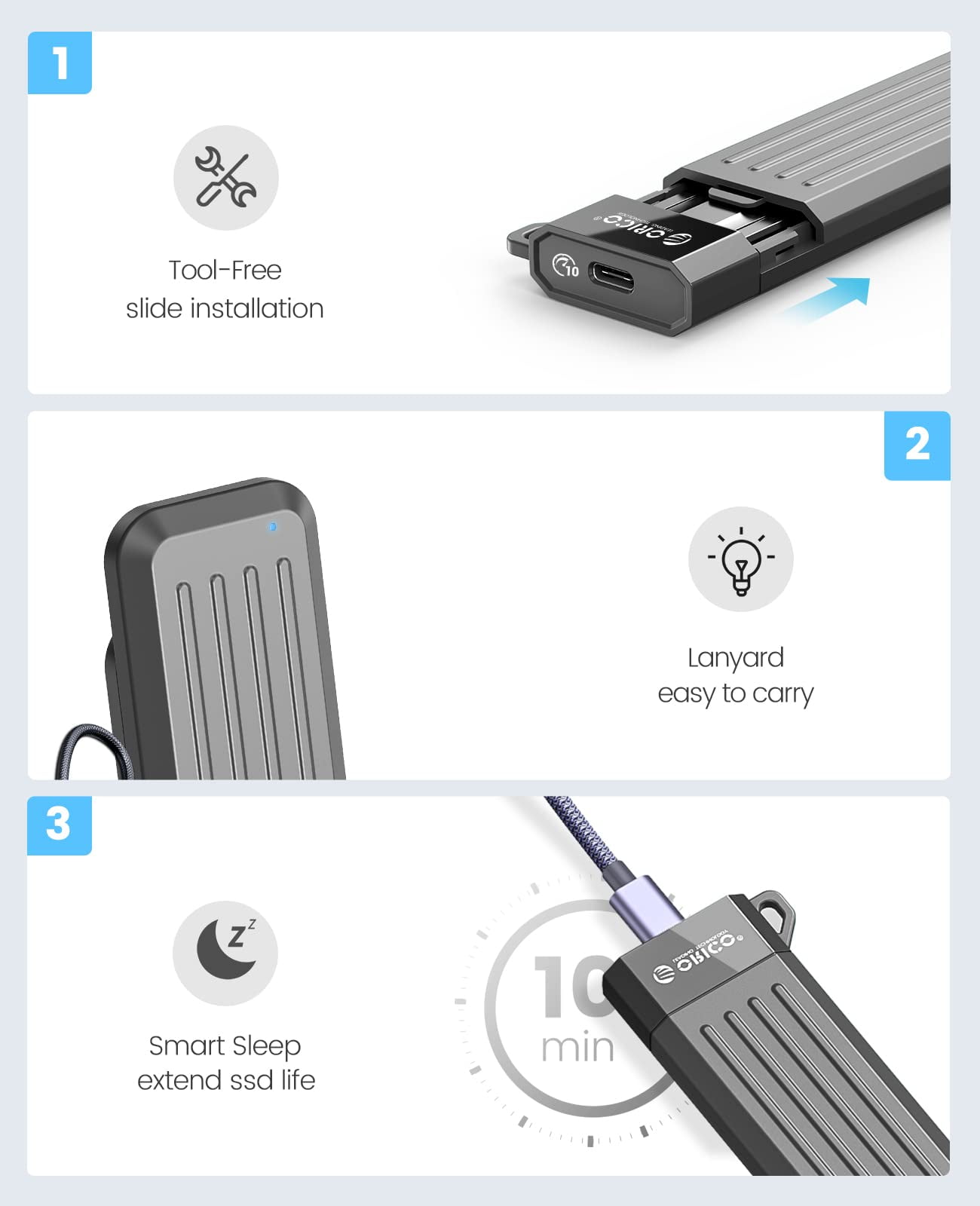 ORICO 2TB DIY Portable Exteral Hard Drive PCIe Gen 3x4.0 SSD with 10Gbps USB 3.2 Type-C to M.2 SSD Enclosure