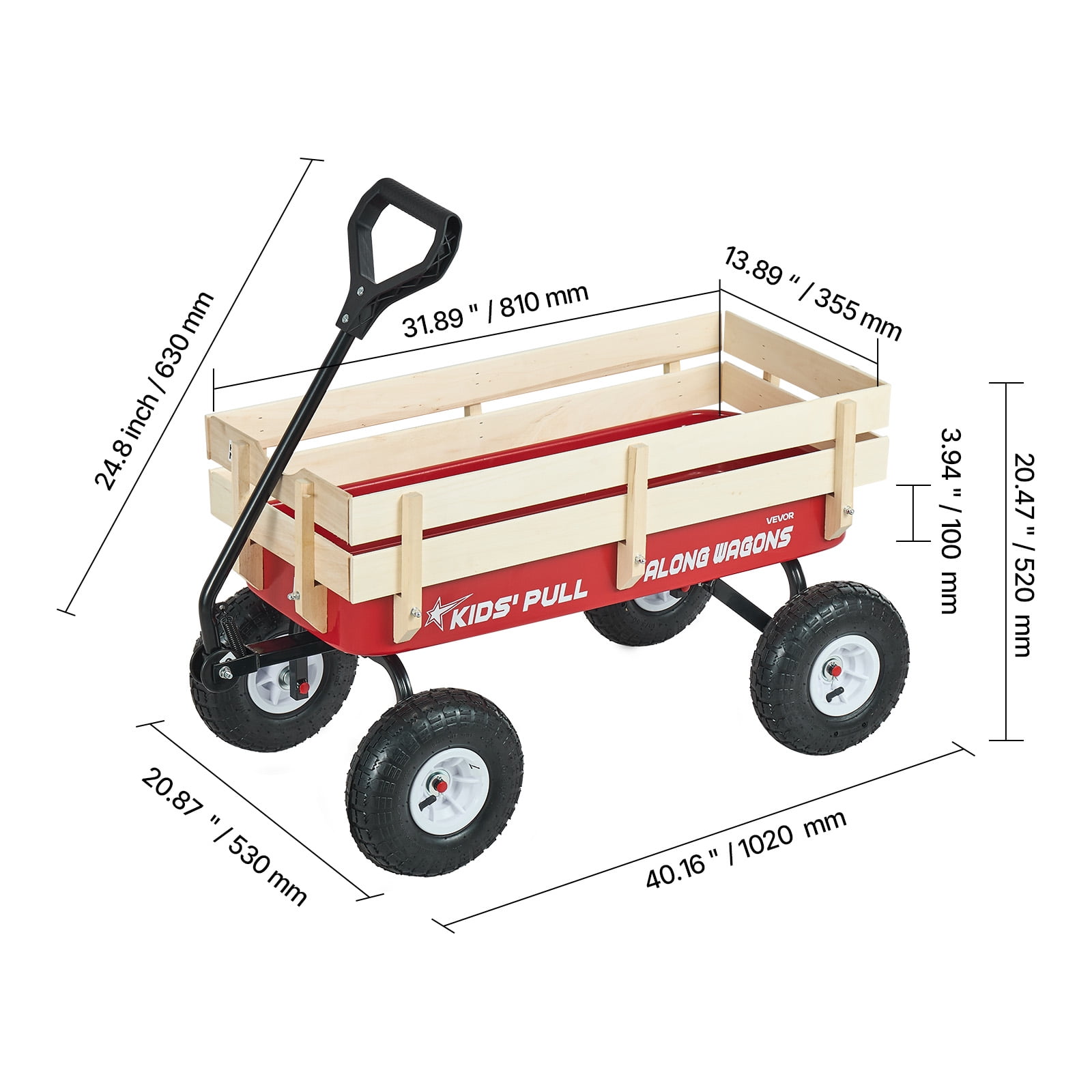 VEVOR Pull-Along Wagon for Kids, 39 inch Toddler Wagons with Wooden Panels & Handle, Supports up to 330 lbs, All-Terrain Utility Wagon Cart Birthday Present for Kids Gardening Beach, Red