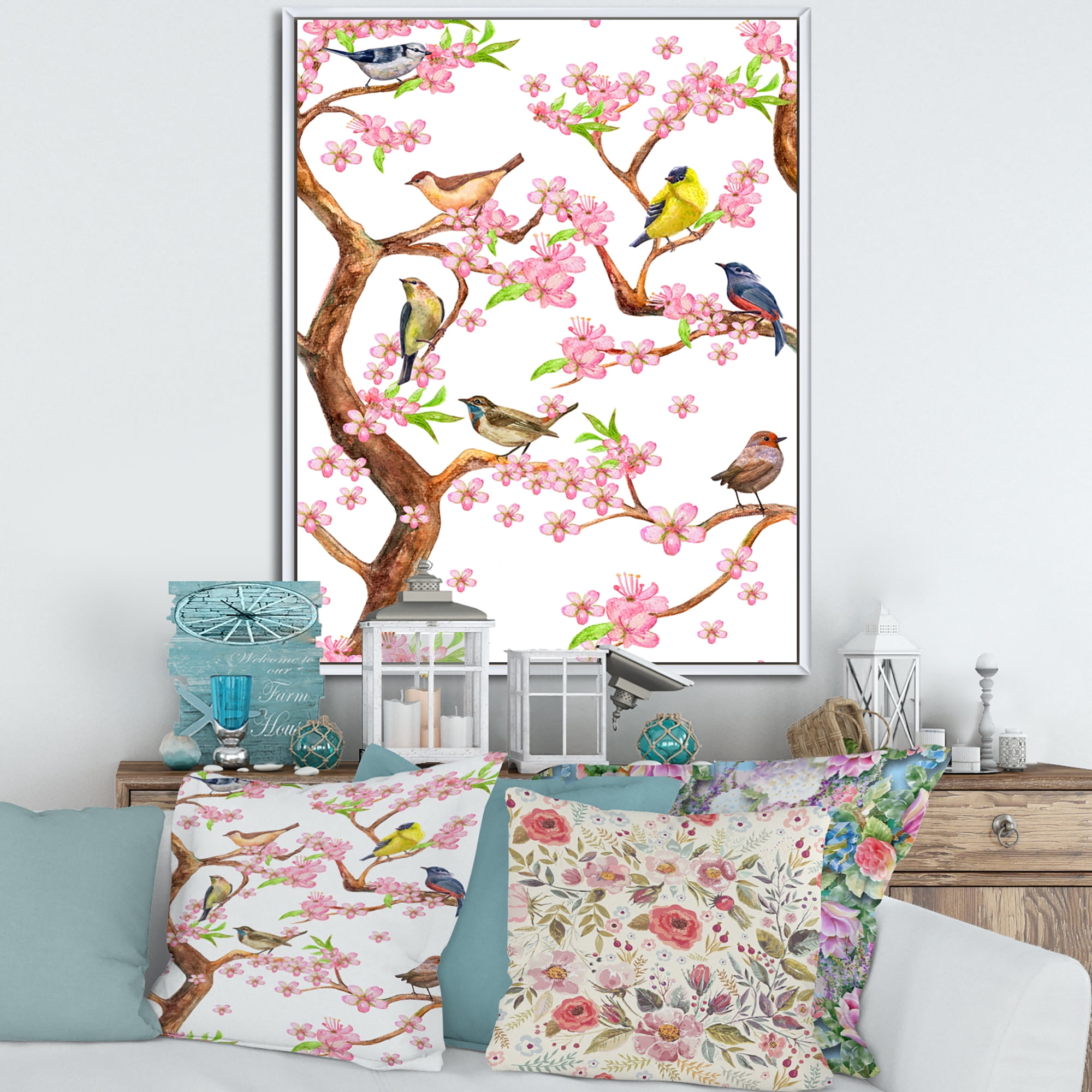 Colorful Little Birds On Spring Flowers Tree 30 in x 40 in Framed Painting Canvas Art Print, by Designart