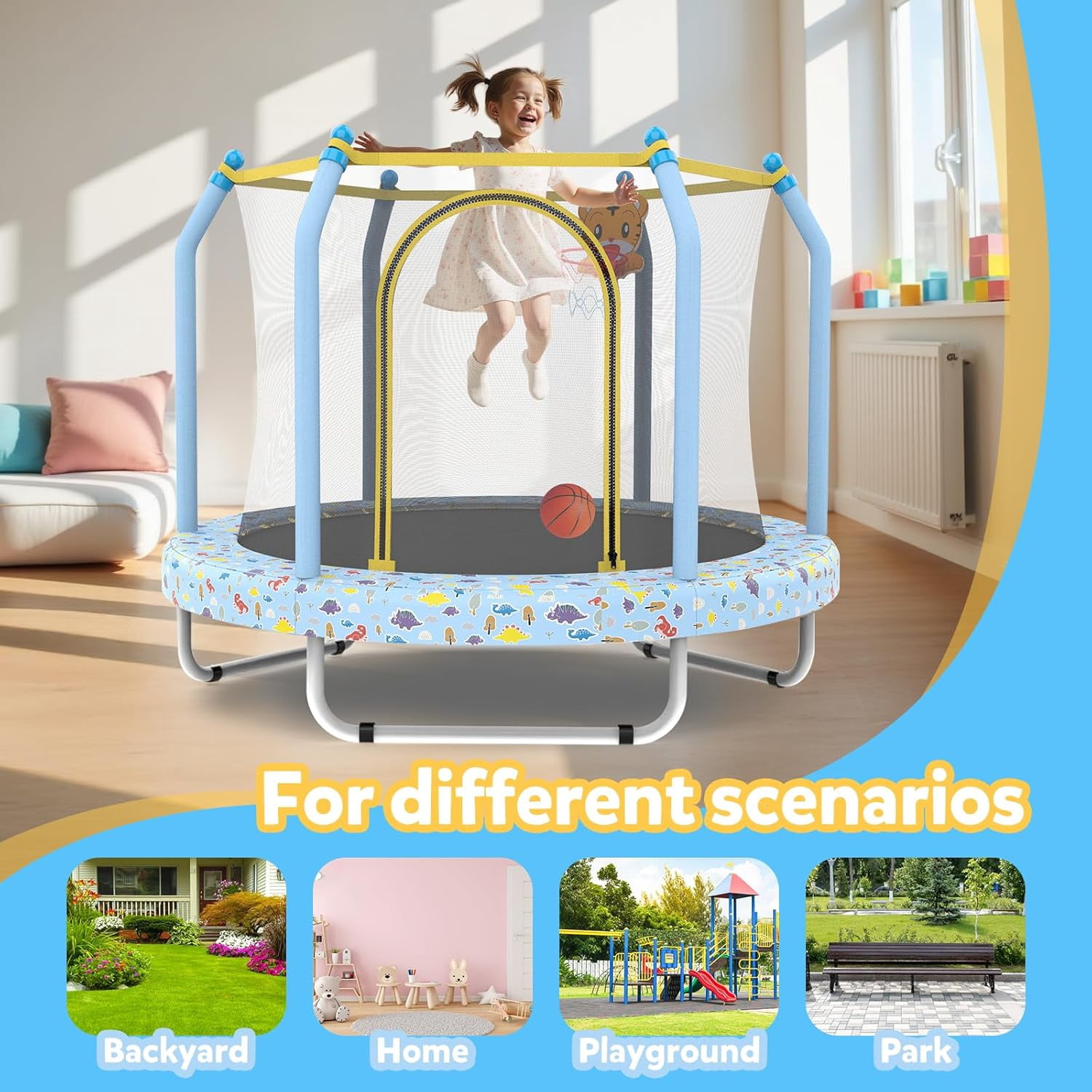55" Trampoline for Kids, Mini Toddler Trampolines Indoor with Basketball Hoop & Safety Enclosure Net, No-Gap Safe Design for Boys Girls Ages 1-8