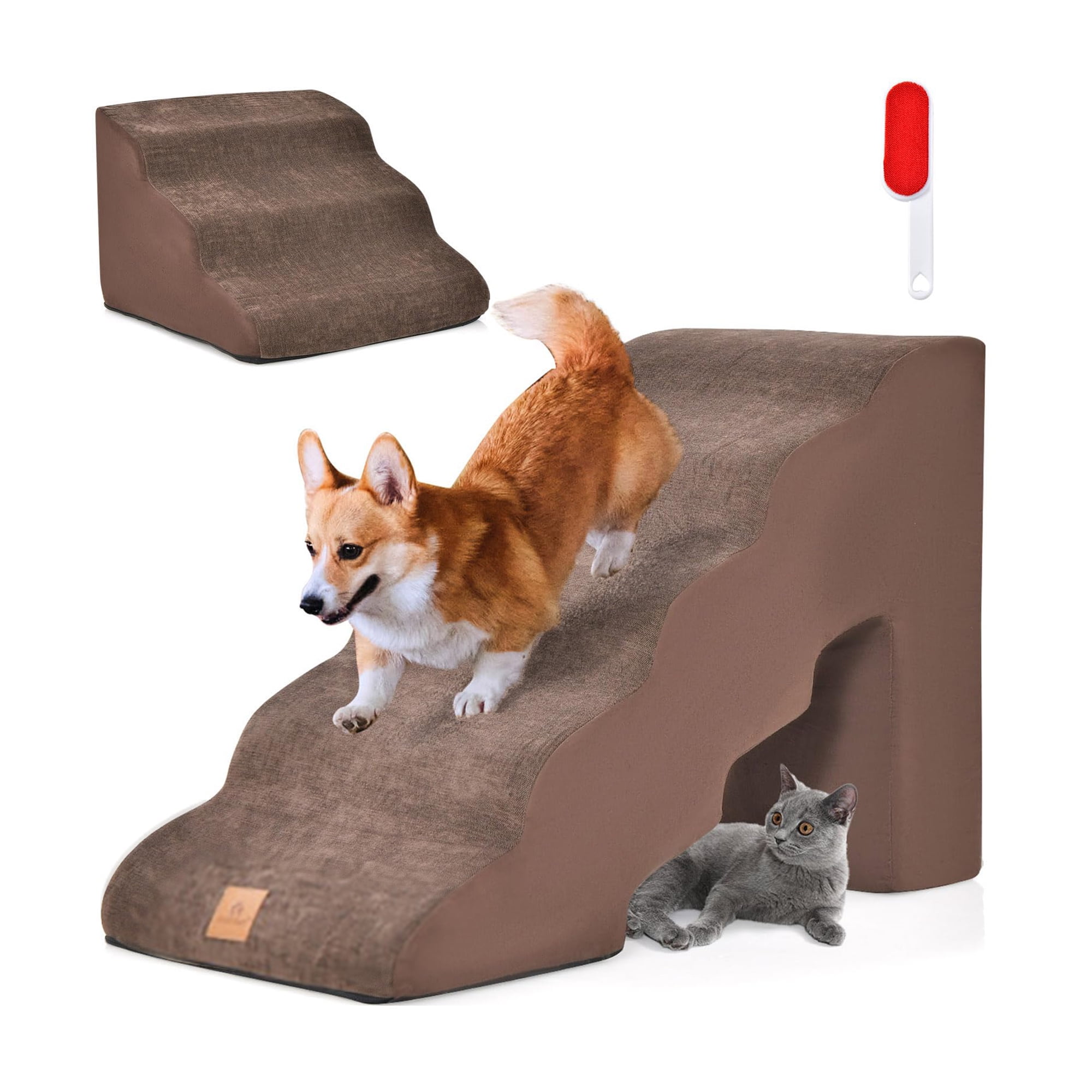 Kadyn 33" 5-Tier Pet Stairs for Small Dogs with Arch, 3-Step Dog Ramp for Beds and Couch, Non-Slip Balanced Indoor Step, Brown