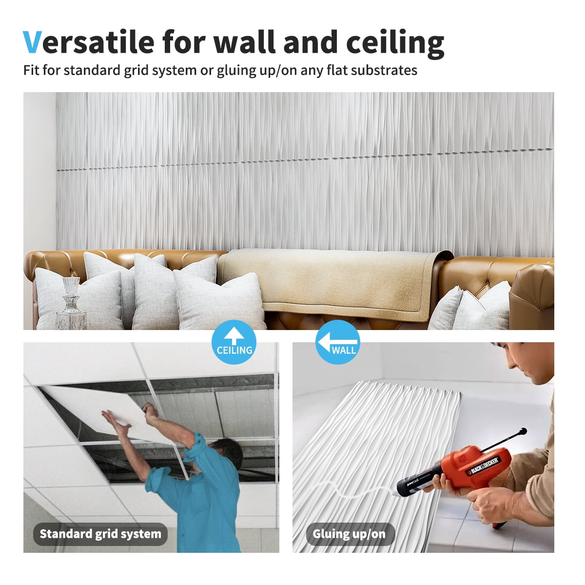 Art3d 6-Pack 47.2 "x23.6" PVC 3D Wall Panels Cum 2ftx4ft Drop Ceiling Tile, 3D Textured Wavy Wall Paneling-White