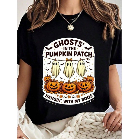 Ghosts In The Pumpkin Patch Hangin With My Boos Retro Fall Halloween Women T‑Shirt
