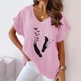 thumbnail image 2 of Summer Cotton Linen Tops for Women Feather Graphic V Neck Short Sleeve T Shirts Dressy Casual Loose Fit Blouses (XL, Pink), 2 of 6