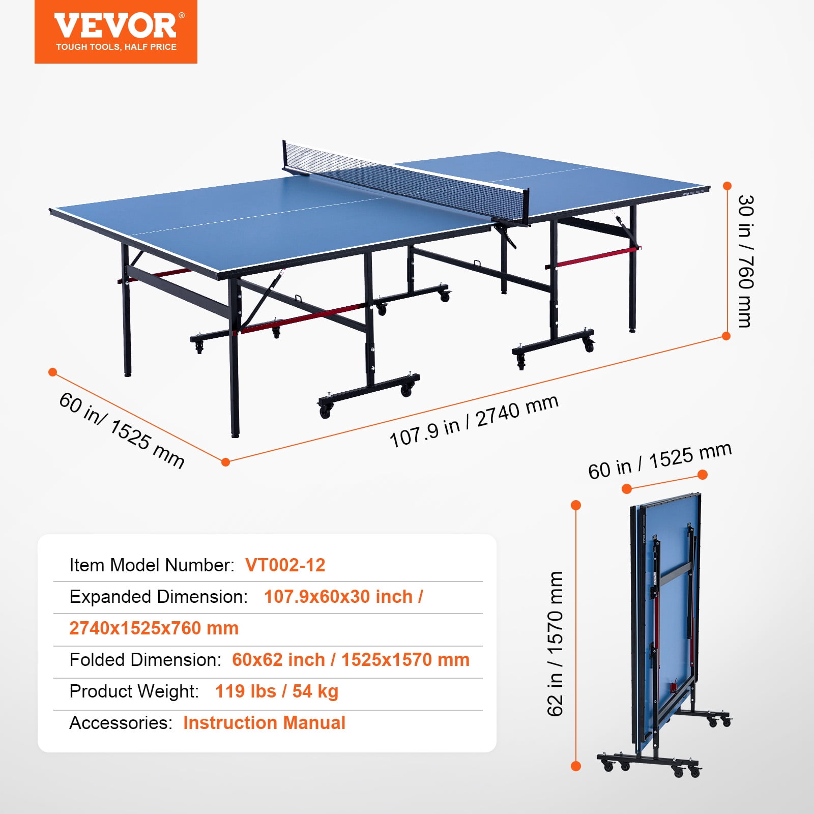 VEVOR Ping Pong Table,Professional Table Tennis Game, Indoor MDF Portable Table Tennis Table, Foldable Ping Pong Table with Quick Clamp Net and Lockable Wheel,10 Minute Easy Assembly,12mm Tabletops