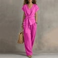 thumbnail image 2 of VBVC Women's Wrap Tie 2 Piece Work Set,Short Sleeve Top and Wide Leg Pants For Women, Ladies' Breathable Summer Loungewear With Pockets,Hot Pink,S-3XL, 2 of 8