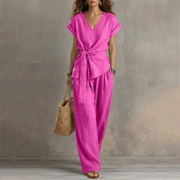 Women's 2 Piece Set, Round Neck Sleeveless Blouse with Loose Pocket Pants, Casual Linen Summer Outfit for Beach or Daily, 2026 New Limited-time Offer