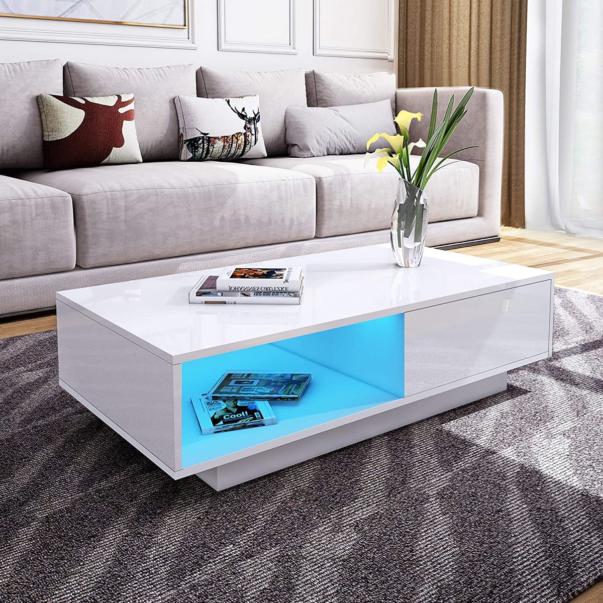 Modern High Gloss Coffee Table with Drawers, LED Sofa Side End Desk