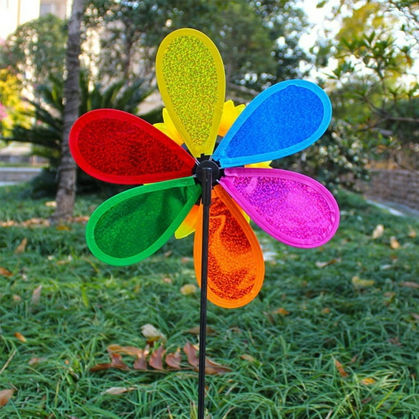 Molinetes para patio y jardín, paquete de 12 molinillos reflectantes para ahuyentar a los pájaros, ruedas de pines brillantes y coloridos con cinta de miedo de pájaros para césped, patio (paquete