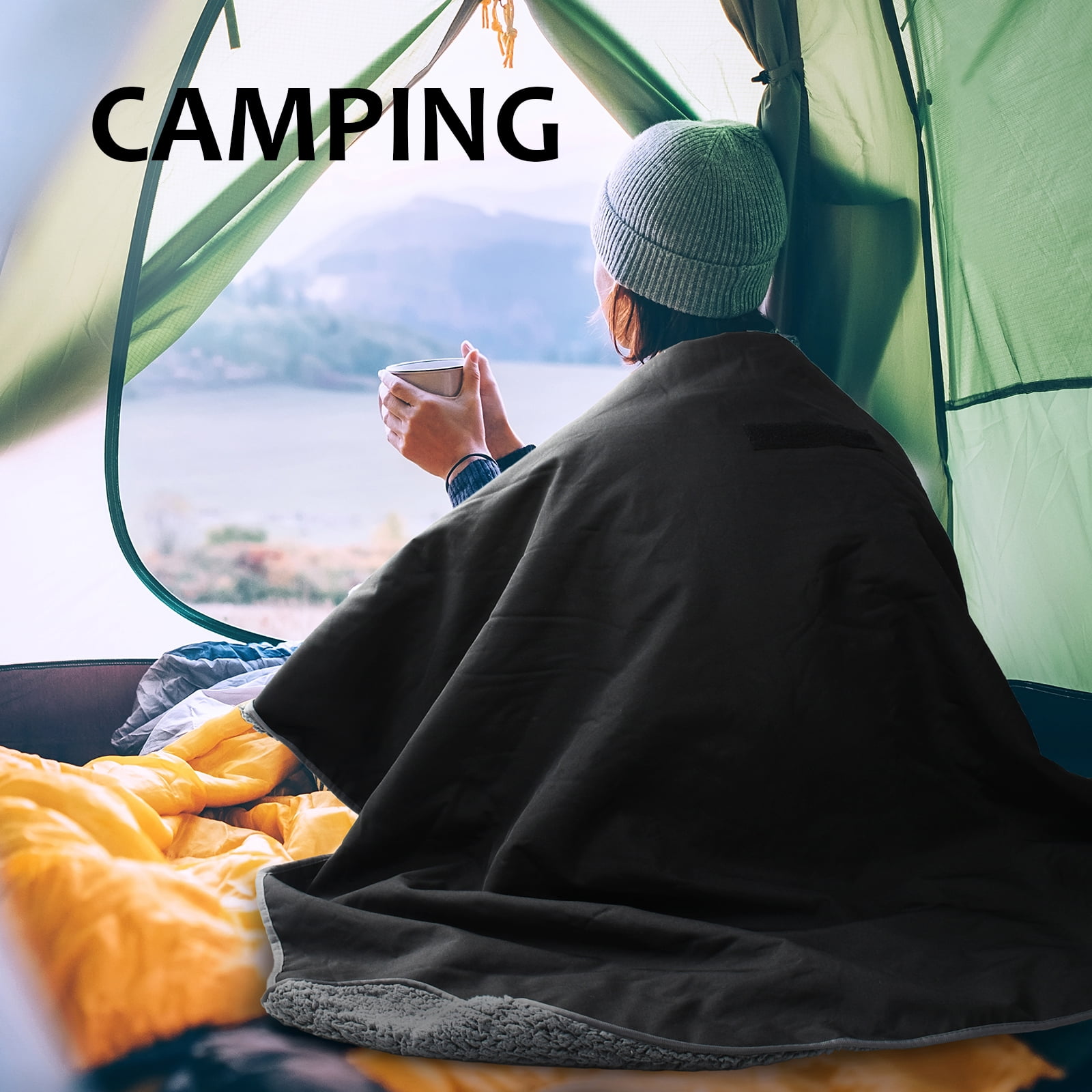 FlyingStar Waterproof Outdoor Blanket with Sherpa Lining, Windproof Triple Layers Warm Comfy Foldable for Camping Stadium,Sports,Picnic,Grass,Concerts,Pet  51''X 59'',Black/Grey