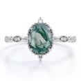 thumbnail image 1 of JeenMata Anillo de Compromiso con Filigrana de Moissanita y Ágata Verde Musgo Dendrítica Natural de 1,5 ct con Engaste Antiguo de 4 Puntas y 5 Piedras en Baño de Oro Blanco de 18 K sobre Plata, 1 of 6