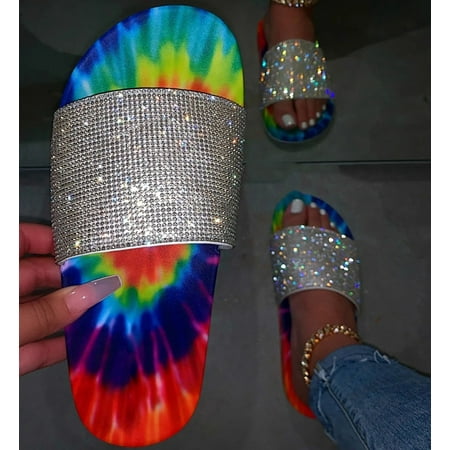 

YOTAMI Sandals for Women 2022 Womens Flats Open Toe Rhinestone Sandals Casual Beach Shoes Thick Bottom Slipper Blue