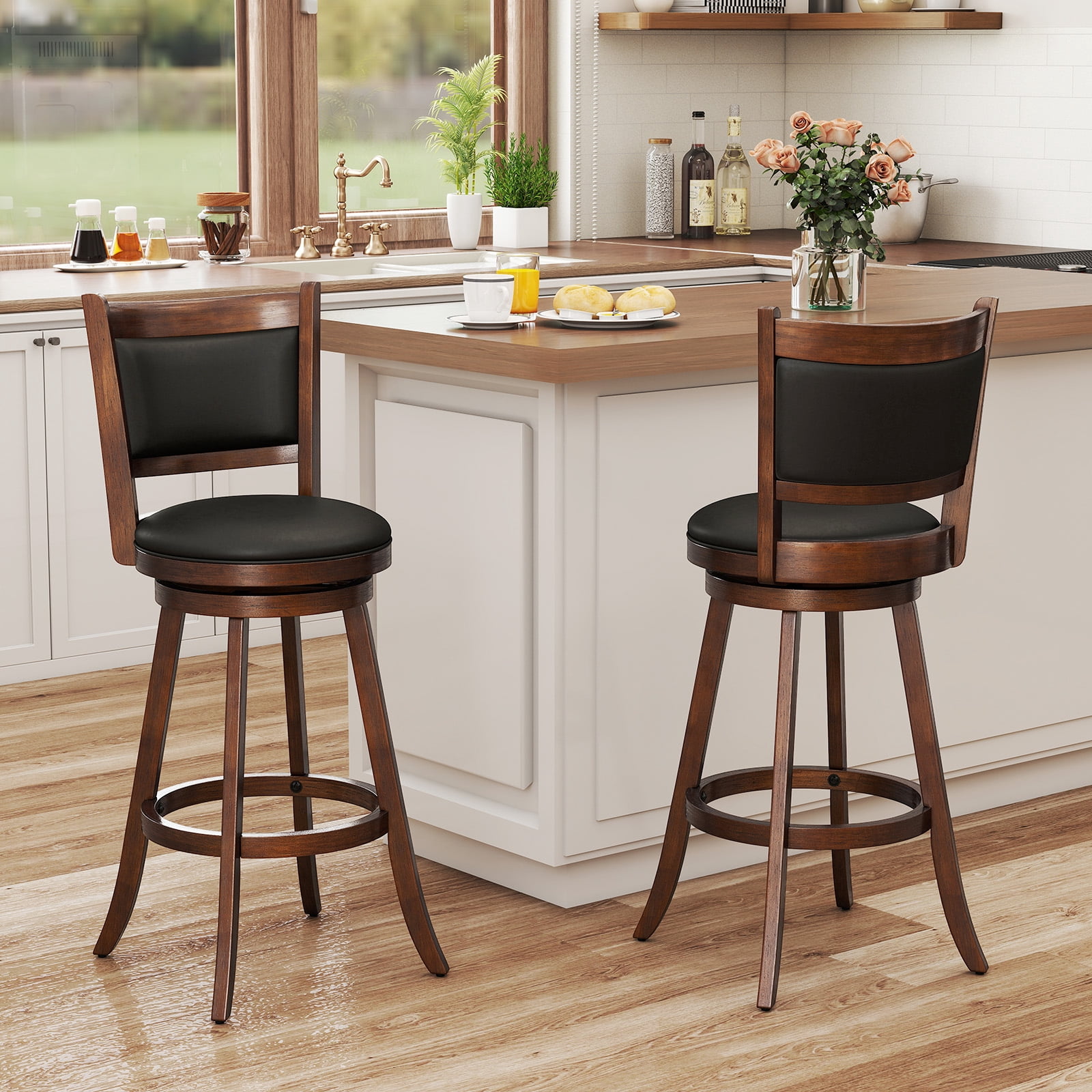 Costway Set of 2 29'' Swivel Bar Height Stool Wood Dining Chair Upholstered Seat Panel Back Espresso