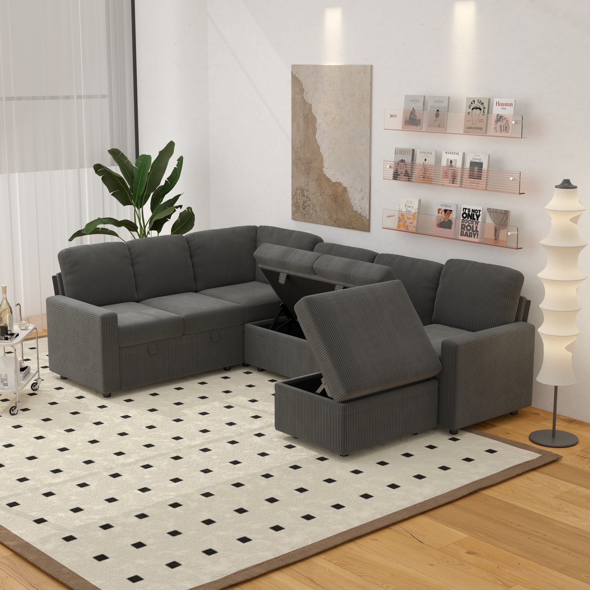 Gewnee 6-Seater Gray L-Shaped Convertible Sofa - Soft-Touch Corduroy Fabric,Multifunctional Storage, for Living Rooms & Halls（including 1 footstool）