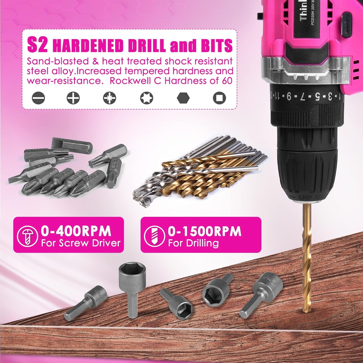 Hoey 21V Cordless Power Drill Set, 3/8 Inch Keyless Metal Chuck, 25+3 Clutch, Built-in LED Work Light, 34-Piece Accessory Kit