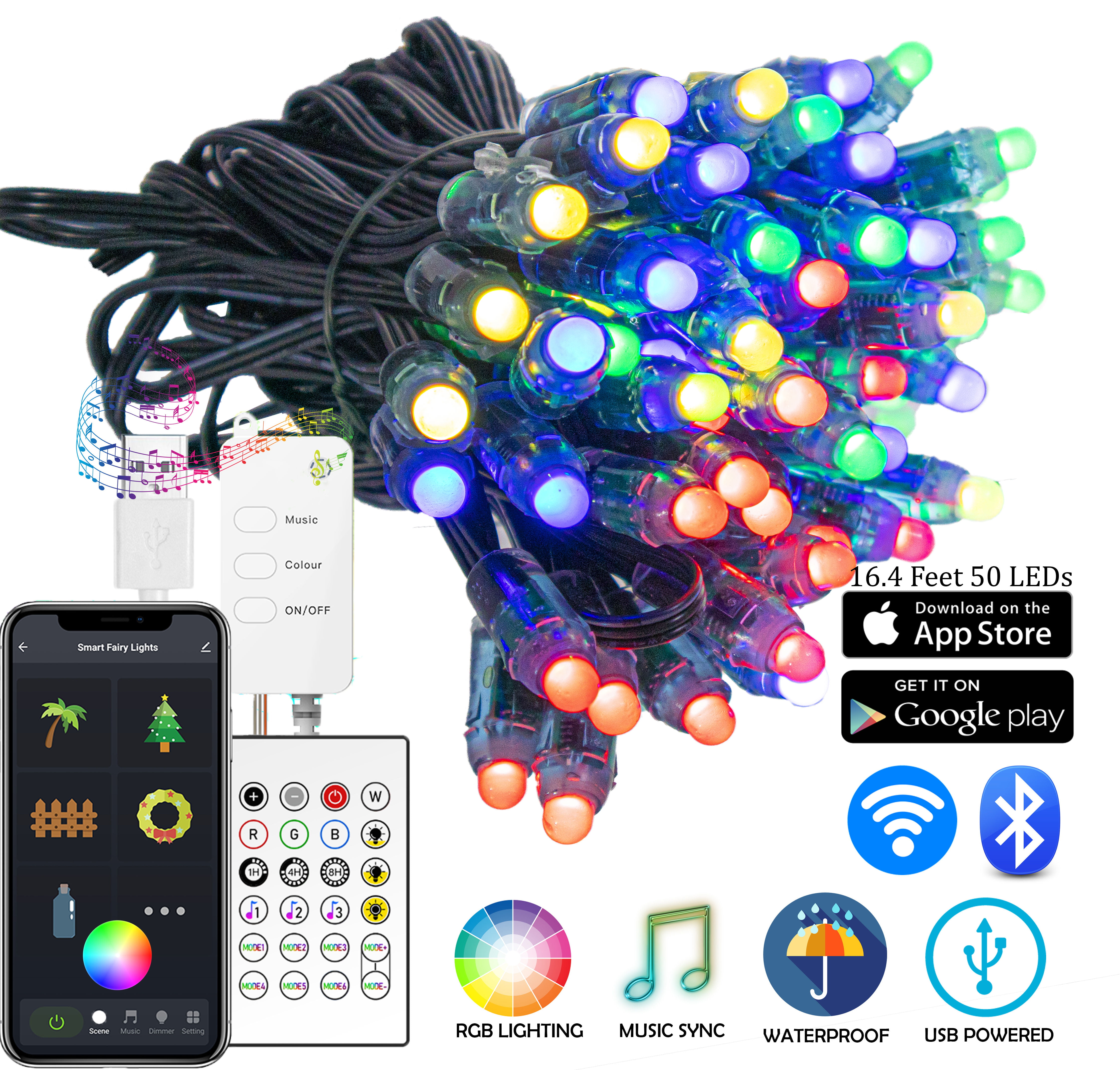WiFi RGB Color Changing Smart LED Christmas Lights - USB Bluetooth, WiFi,  Google & Apple APP Christmas Tree Lights - Changes Colors, Animation, and  More  Feet 