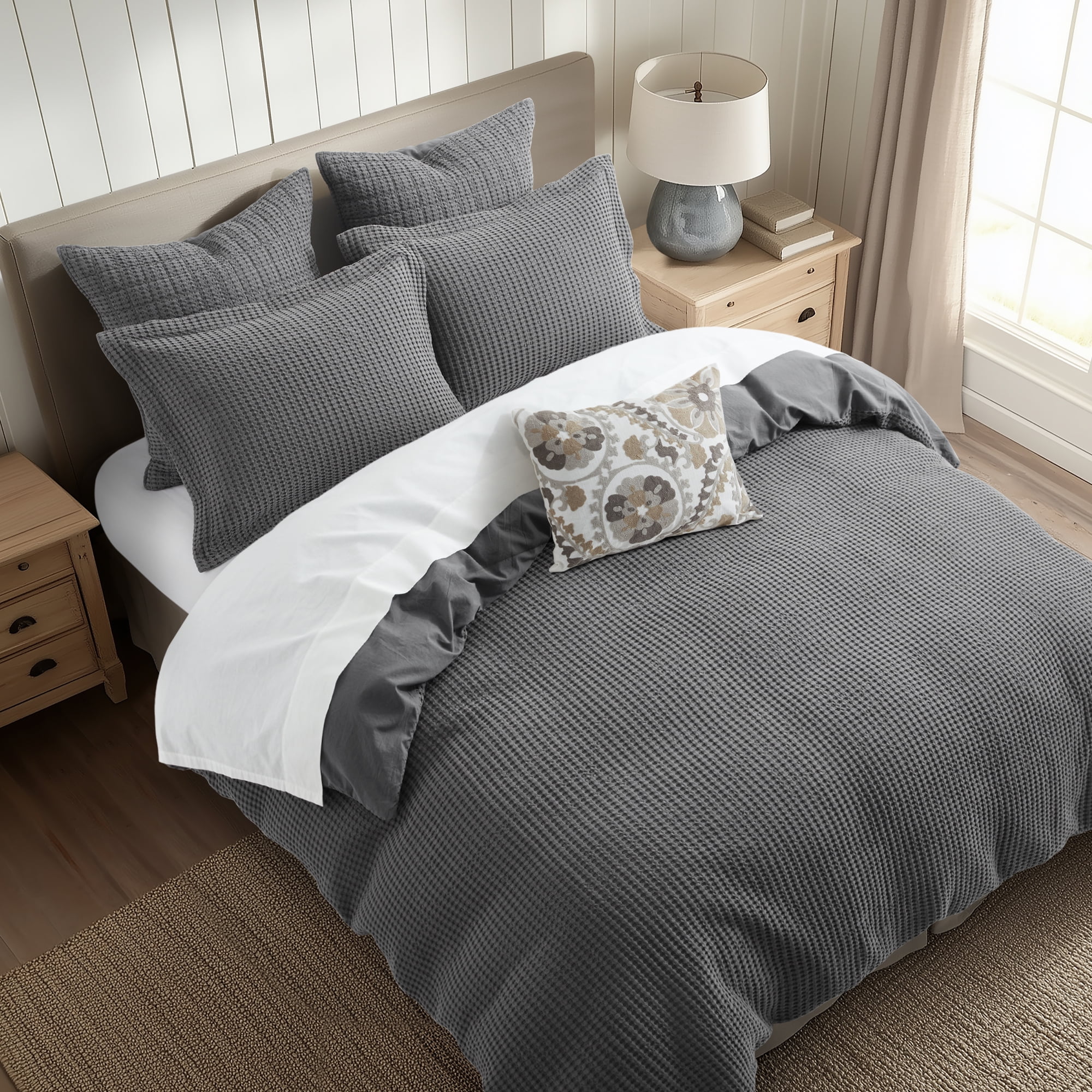 Levtex Home - Mills Waffle Charcoal Duvet Cover Set - Twin Duvet Cover + Two Standard Pillow Cases - Charcoal Waffle Weave - Duvet Cover (68 x 88in.) and Pillow Case (26 x 20in.) - Cotton
