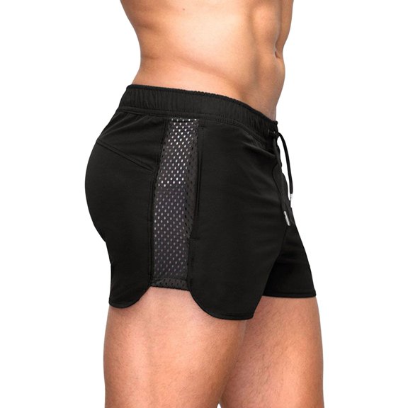 Men Summer Shorts Hollow Mesh Drawstring Elastic Waist Solid Color Quick Dry Surfing Fitness Sport Fitness Shorts Daily Wear Beach Shorts -Black,M