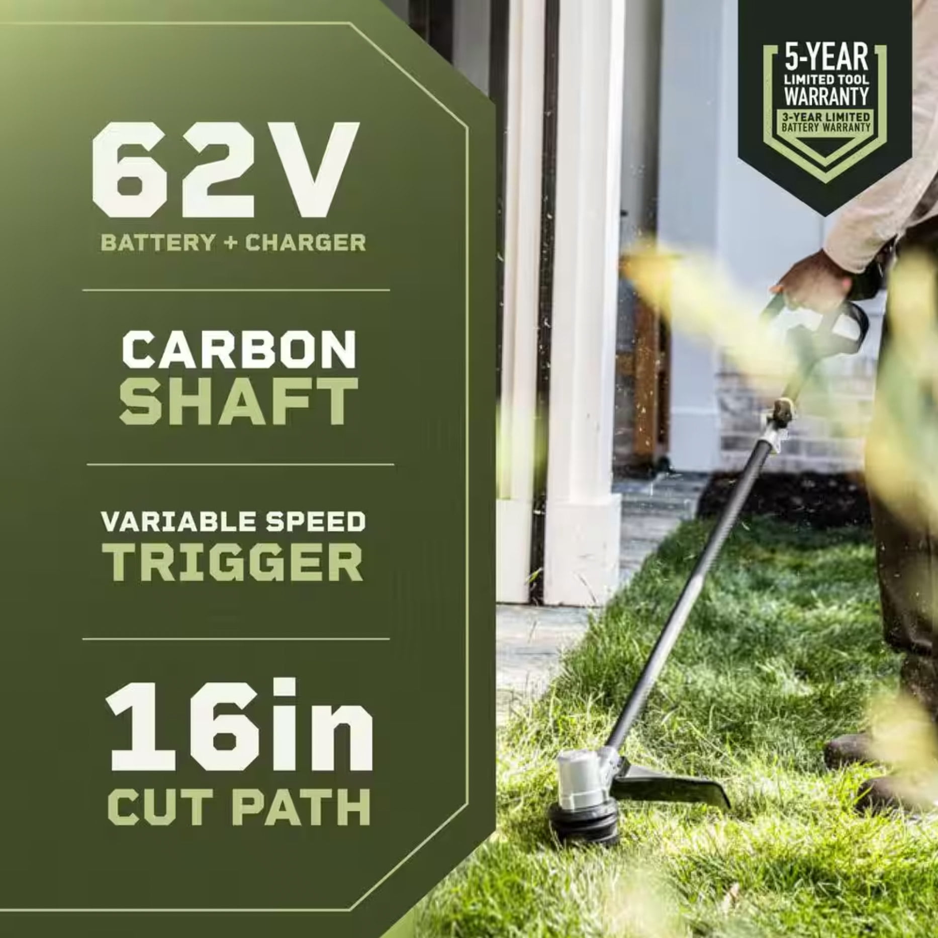 Green Machine 62V Cordless String Trimmer with 16-Inch Cutting Path and Carbon Fiber Shaft, Includes 2.5Ah Battery and Charger