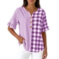 thumbnail image 6 of Womens Cotton Linen Tops Summer Elbow Length Sleeve Tshirts for Women Striped Plaid Printed Ruffled Button V Neck Top, 6 of 6