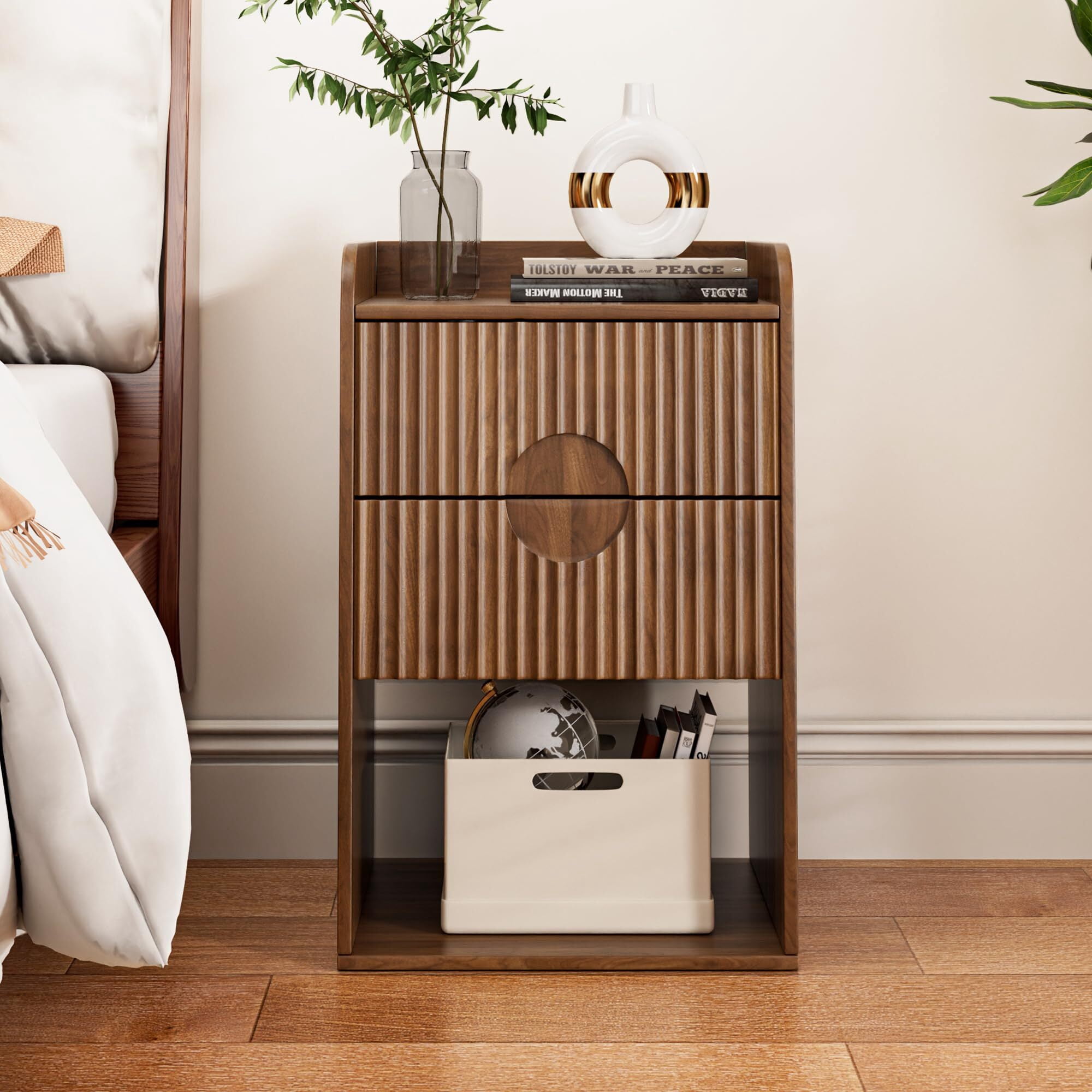 Fluted Nightstand Set of 2, Mid Century Bedside Tables with Drawer & Storage, Small End Tables for Bedroom, Walnut