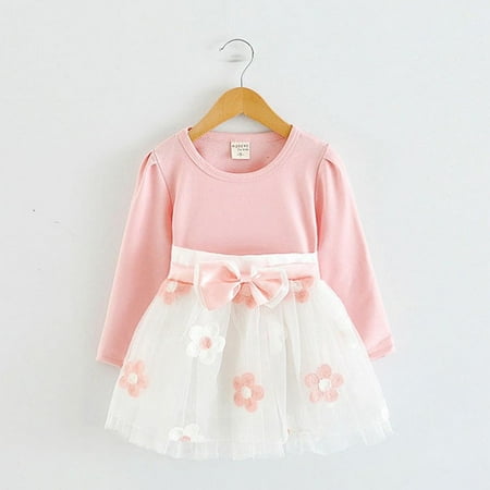 

Toddler Kids Baby Girls Long Sleeve Tulle Patchwork Flower Bow Dresses Clothes