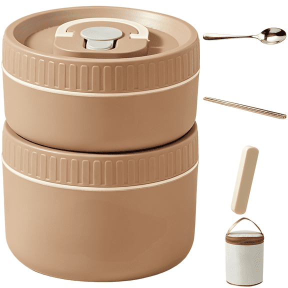 6 Pcs Stainless Steel Lunch Box Set, Brown 2-Tier Insulated Bento Box with 304 Interior, Thermal Food Container with Utensils and Bag, Microwave Safe