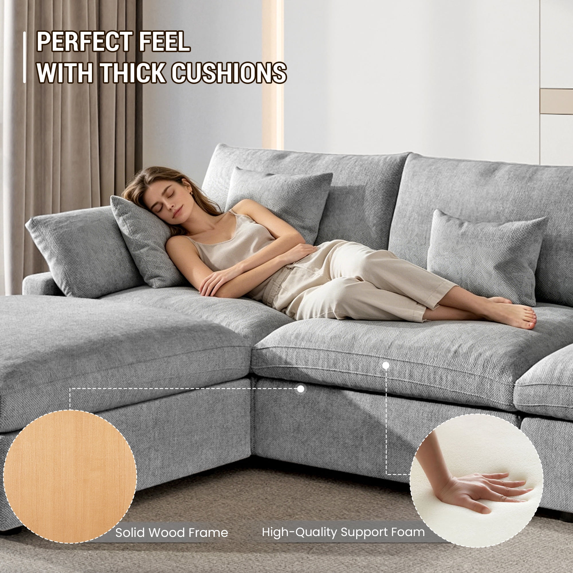 83" Cloud Couch Sectional for Living Room, L Shaped Sofas with Ottoman, Convertible Couch, Gray