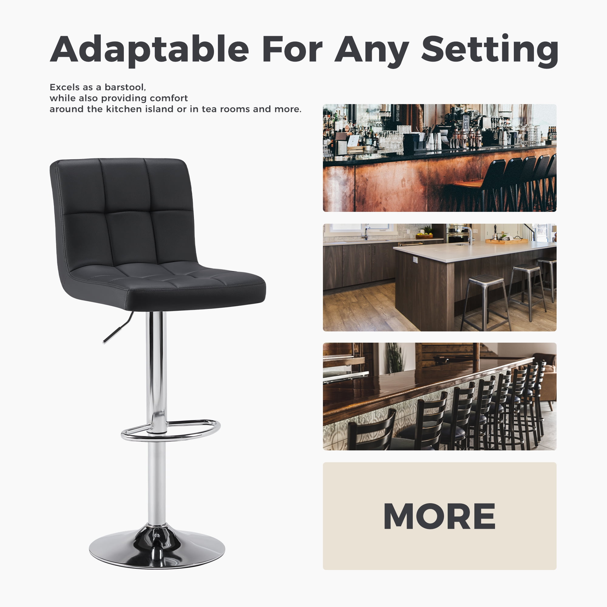 CONCETTA Bar Stools - Set of 2 Adjustable Swivel PU Leather Counter Seats, Black