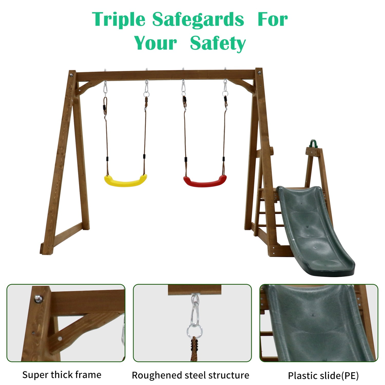 CIPACHO 2 in 1 Outdoor Wooden Swing Set with Slide for Kids Climbing Rope Ladder Backyard Playset CIPACHO 2 in 1 Outdoor Wooden Swing Set with Slide for Kids Climbing Rope Ladder Backyard Playset