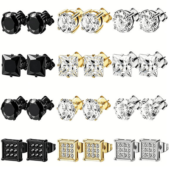 DESIGNICE 12 Pairs Stainless Steel Stud Earrings for Men Hypoallergenic Earring Unisex Studs Inlaid Cubic Zirconia Men Earrings Hoop Cz Stud Earring Set for Women