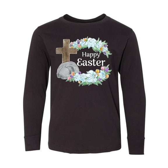 Inktastic Happy Easter with Cross and Flowers Long Sleeve Youth T-Shirt
