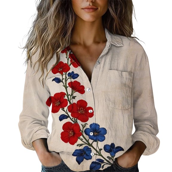 QASIEATN Button Down Blouses for Women Spring Casual Print Long Sleeve Shirts Casual Business Work Tops