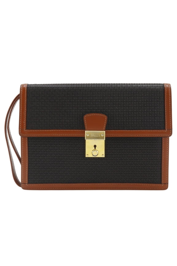Pre-Owned Bally BALLY B logo clutch bag, PVC x leather, black, flap, logo, men's.