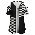 thumbnail image 4 of Stylish Black And White Check And Stripes Womens Summer V Neck Zipper Top Short Sleeve T Shirt Off Shoulder Top Casual Classy Loose Shirts, 4 of 7