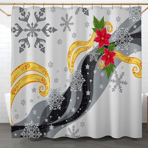 Festive Christmas Shower Curtain - Snowflakes Poinsettias & Gold Ribbons - Winter Holiday Decor