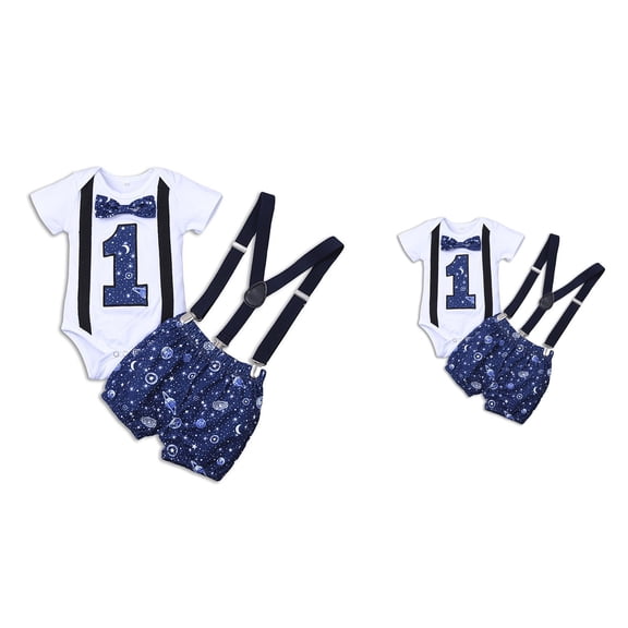 Baby Boy Funny First Birthday Romper Set, Dinosaur Themed Outfit with Bow Tie & Suspenders, One-Year-Old Boys' Shorts & Straps Outfits