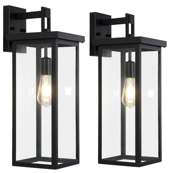 Large Size Outdoor Wall Light Fixtures with Clear Glass Shade, Matte Black Porch Weatherproof Sconces, E26 Bulb Compatible – 2 Pack