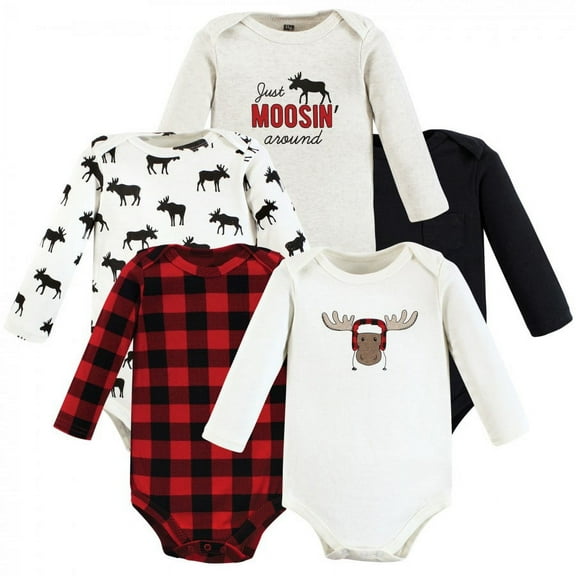 Hudson Baby Infant Boy Cotton Long-Sleeve Bodysuits, Winter Moose 5-Pack, 0-3 Months