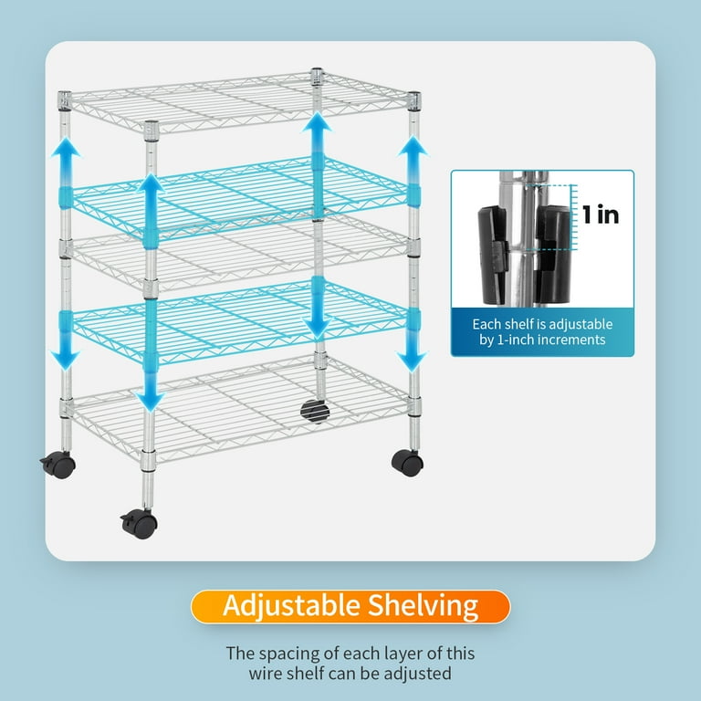 3 Tier Wire Shelving Metal Storage Shelves 23L x 13W x 32H Layer Storage  Shelves with Wheels for Kitchen Garage Small Places,Chrome