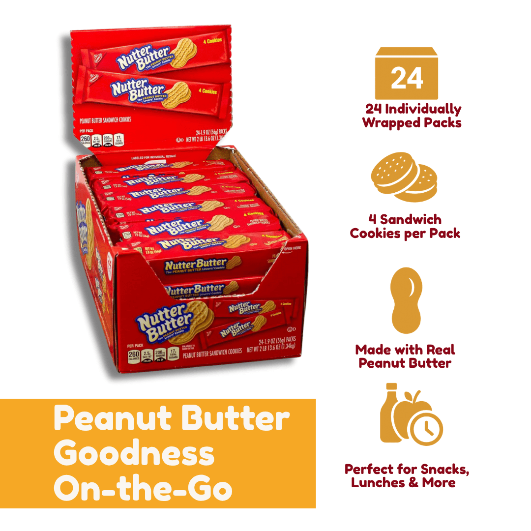 Nutter Butter Cookies – Classic Peanut Butter Sandwich Cookies, 24 Pack – Individual Packs for Snack Lovers, Crunchy Peanut Butter Flavor, Perfect for Sharing, Great for Lunchboxes