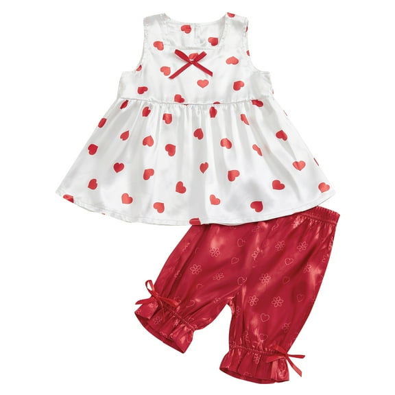 Okbabeha Little Girls Valentine's Day 2 Piece Outfits Heart Print Sleeveless Ruffle Hem Tank Dress and Bow Pants Set