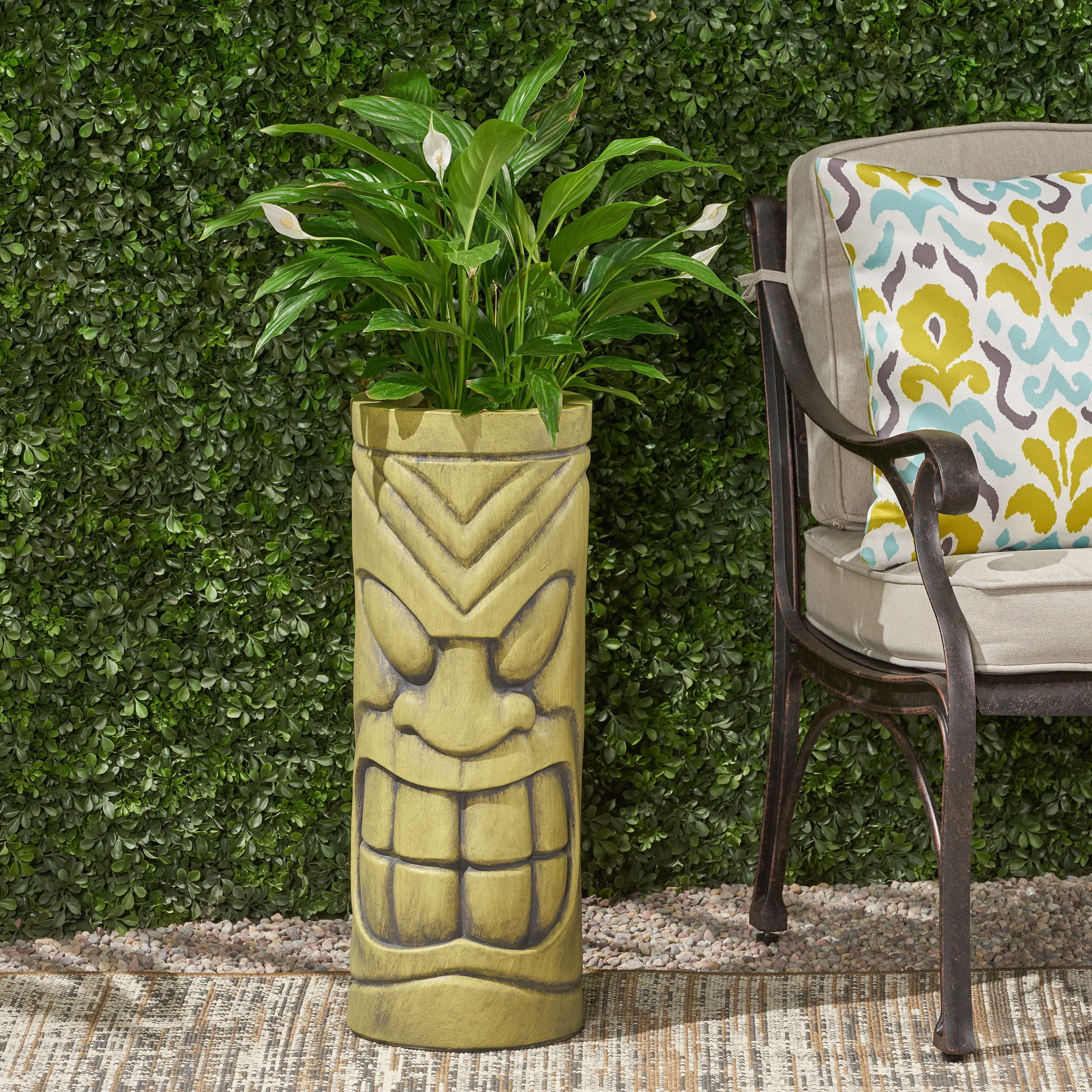 Mintazer Tiki Totem Tall Outdoor Planter, Polynesian Stone Statue Cylindrical Plant Pot with Drainage Hole for Patio Backyard Garden