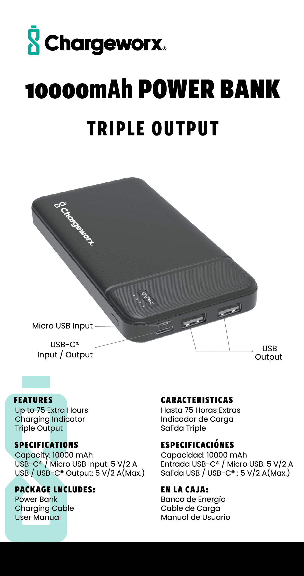 Chargeworx 10000mAh Power Bank – Portable Charger with Triple Output | USB-C, Micro USB & USB Ports | Up to 75 Extra Hours | Compact External Battery Pack for Phones, CX6862