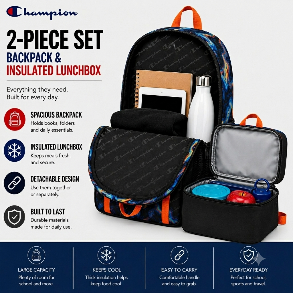 Set de mochila escolar para niños y niñas con lonchera desmontable - paquete de 2 piezas para niños (17 pulgadas) 5