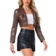 thumbnail image 4 of BLAZER CORTO DE CUERO SINTÉTICO INSPIRE CHIC PARA MUJERES, CON SOLAPA EN V, CIERRE DE UN SOLO BOTÓN, CHAQUETA MOTERA DE PU TAMAÑO XS COLOR CAFÉ, 4 of 5