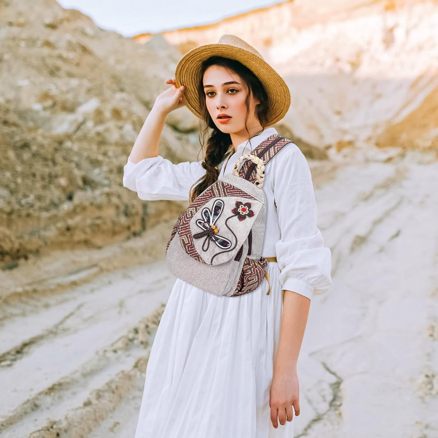 Backpack for Women, Boho Crossbody Sling Bags for Women with Cute Hand-woven Pattern Mini and Small Backpack (Flower)