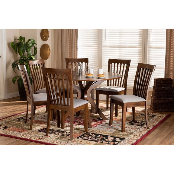 Baxton Studio Lore Modern and Contemporary Grey Fabric Upholstered and Walnut Brown Finished Wood 7-Piece Dining Set