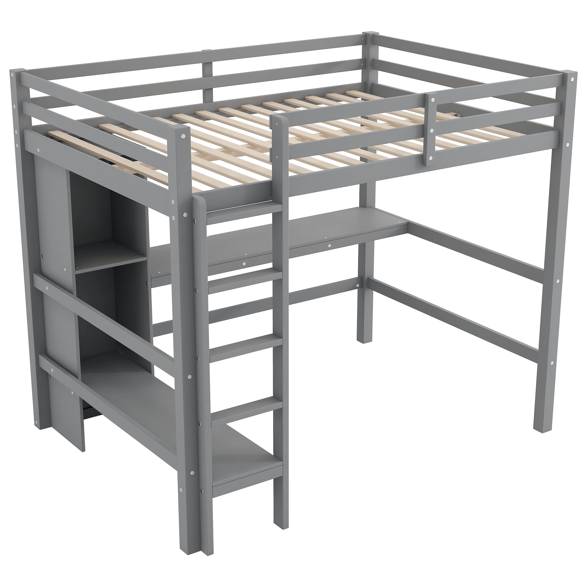 Euroco Full Size Loft Bed with Desk, Shelves and Cabinet for Kids Teens Room, Solid Wood Bed, Gray