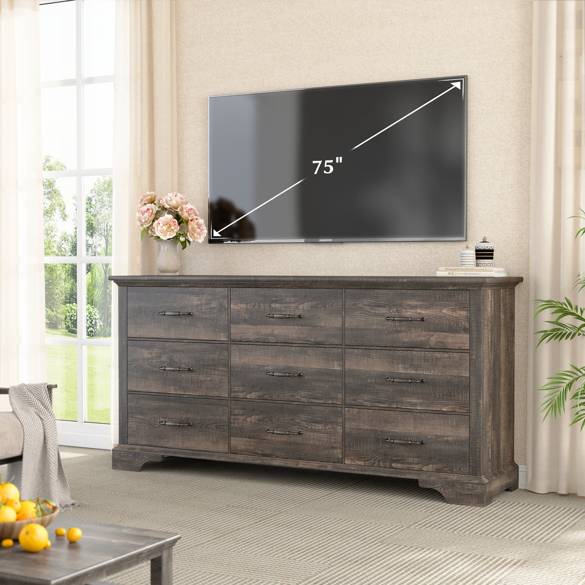 EnHomee 9 Drawer Dresser Wood Dresser for Bedroom Dressers&Chest of Drawers 63" Long Dresser TV Stand,Dark Rustic Oak